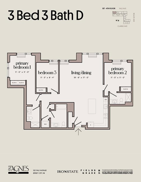 Floor plan for 3 beds, 3 baths, 1393 sqft